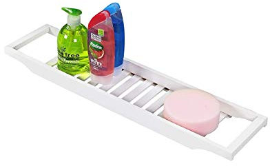 Greenfields 100% Natural Premium Bamboo Bath Caddy Wooden Bathtub Bathroom Over the Tub Tidy Shelf Storage Tray Rack Holder Organiser for Book, Drink, Tablet, Phone, Book (White)