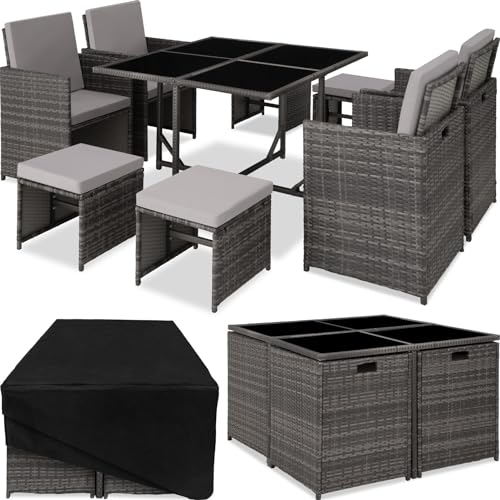 TecTake® Salon de Jardin Exterieur en Poly Rotin Table de Jardin, 4 Chaise Confortable, 4 Tabouret de Jardin, Housse de Protection, Mobilier de Jardin pour Amenagement Balcon Terrasse - Gris