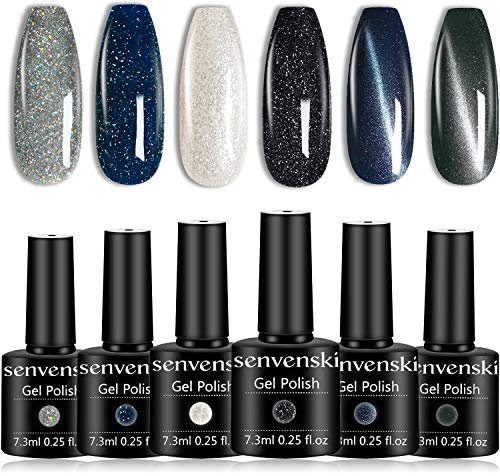 Senvenski Diamond Gel Nail Polish Cat Eye Magnetic Glitter Shining Grey Blue Snow White Black Gift UV LED Manicure Art Varnish Set Kit (HS001)