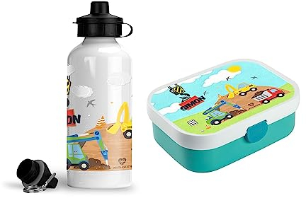 wolga-kreativ Set personalisierte Mepal Campus Kinder Brotdose und Trinkflasche für Jungen Baustelle Bento Lunchbox mit Fächern und Unterteilung für Schule und Kindergarten
