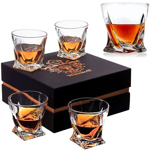 Juego de 4 Vasos de Whisky de Cristal en Caja de Regalo de Lujo, Juego de Vasos de Whisky Bourbon, 4 Vasos de Whisky para Beber escocés, cócteles, Ron, Vodka, coñac, Licor, Idea de Regalo para el
