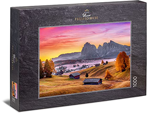 Ulmer Puzzleschmiede - Puzzle „Seiser ALM“ - klassisches 1000 Teile Landschafts-Puzzle mit malerischem Berg-Motiv - die herbstliche Seiser ALM in den Dolomiten in Südtirol, italienische Alpen