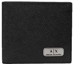 Armani Exchange Men's Essential, Saffiano, Metal Logo Bi-Fold Wallet, Black