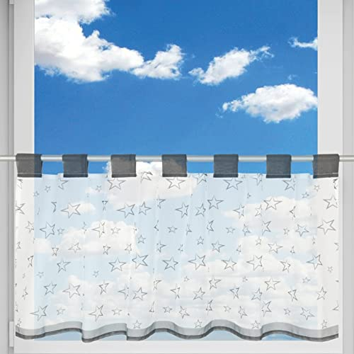 Bistrogardine (Sterne) mit Schlaufenaufhängung (45 x 120 cm), transparente Uni Scheibengardine, Vorhang, Kurzgardine, Voile Gardine