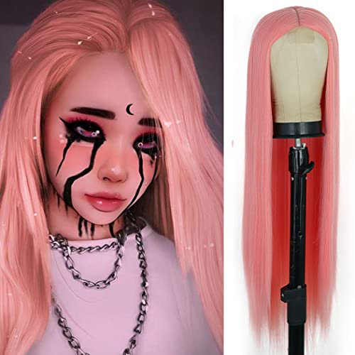 TANTAKO Pinke Perücke Damen Lange Rosa Perücke Glatt Synthetische Perücke Mit Kleinem Tieferem Mittelteil Spitze Rosa Lace Front Perücke für Damen (Pinke)
