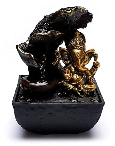 Shivpiin Fontaine Zen d'eau Ganesh Noir,or - Fontaine d'eau - Fountain - Polyrésine - 13,3 x 13,3 x 19,5 cm