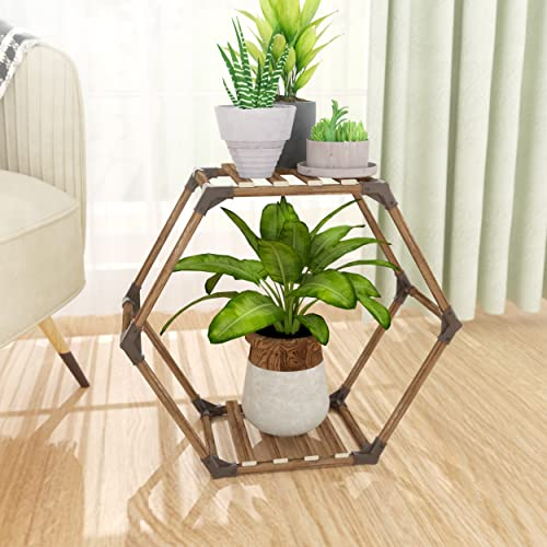 Tikea Esagonale Porta Supporto per Piante per Interni ed Esterni, 2 Livelli in Legno Robusto Scaffale Piedistallo Piante Creativo Fai-da-Te per Finestra, Angolo, Soggiorno, Balcone, Giardino, Ufficio