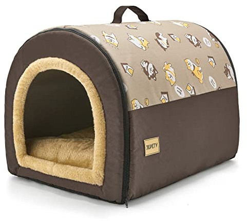 Jiupety Mittelgroße Hundehütte Indoor, 2-in-1 Hundehaus für Drinnen, XL Größe Hundehöhle für mittelgroße Hunde, Warme Höhle Schlafnest, Braun