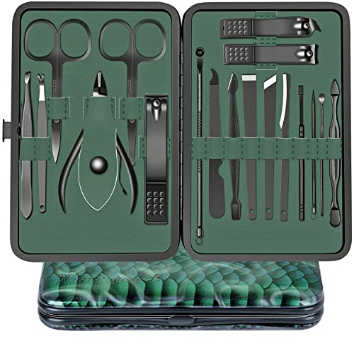 Maniküre Set 18 stücke Professionelles Nagelknipser Kit Pediküre Kit Pflegeset aus Edelstahl Nagelpflege Werkzeuge mit luxuriöser Leder Reisetasche (Grün)