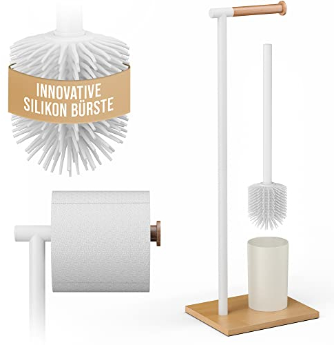 Abrush Stand WC Garnitur mit Klobürste Silikon | Toilettenbürste- und Toilettenpapierhalter mit Silikon WC Bürste | WC Garnitur Set für jedes Badezimmer in weiß