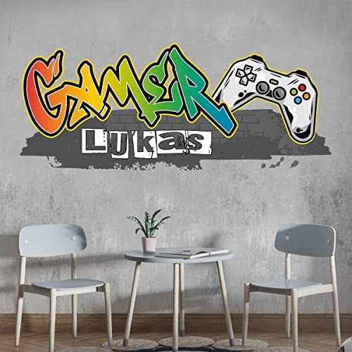 tjapalo® pkvr30 Gamer Wandtattoo Gaming Zimmer wandtattoo Gamer mit Namen Graffiti Wandsticker game controller cooles wandtattoo jugendzimmer, Größe: B82xH35cm