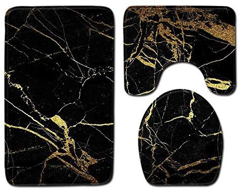 100 yeah Rutschfester Badteppich-Set, 3-teilig, Flanell-Badezimmerteppich, modische Marmor-Textur, weicher WC-Vorleger (50 x 80 cm, Schwarz/Gold)