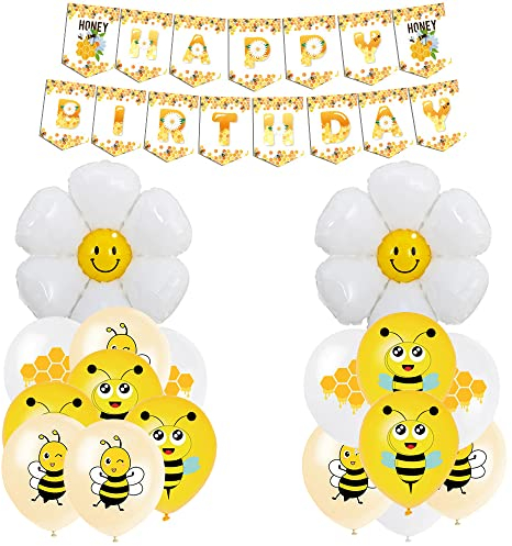 SUNSK Geburtstagsballons Biene Luftballons Gänseblümchen Blume Folienballon Gelb Biene Latexballon Happy Birthday Girlande Geburtstag Deko für Kinder (18 Stück)