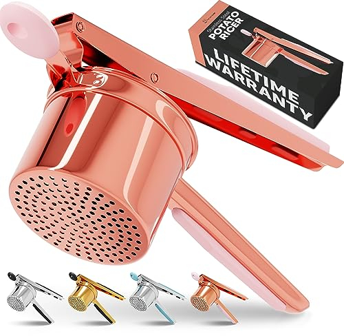 PriorityChef Large 15oz Potato Ricer, Heavy Duty Stainless Steel Potato Masher and Ricer Kitchen Tool, Press and Mash Kitchen Gadget For Perfect Mashed Potatoes - Everytime, Rosegold and Pink