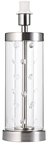 Happy Homewares Contemporary Clear Column Glass Table Lamp with Brushed Nickel Plated Base and Trim | Inner Crystal Glass Beads | 29cm x 11cm| Inline Switched
