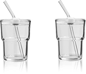 cosnou Eiskaffee-Glas mit Strohhalm und Deckel, versiegeltes Handgepäck, dickwandig, Wasserglas, Tasse, Tee, transparent, 2 Stück