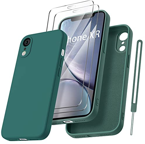 Qasyfanc HandyHülle für iPhone XR Hülle Silikon case mit 2 Stück Schutzfolie, Ultra Microfiber TPU Flüssig silikon mit Kameraschutz Kratzfeste Rundumschutz Schutzhülle 6.1'' - Dunkelgrün