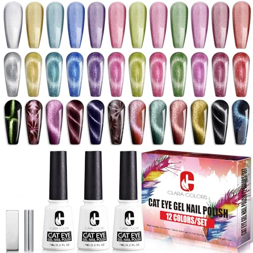 Clara Colors Semipermanenter magnetischer Nagellack, 9D Cat Eye magnetischer Gel-Lack Einweich UV/LED reflektierend mit 12 Farben 8 ml Auroras-Diamant-Effekt Starter-Set für Salon Zuhause DIY Kunst