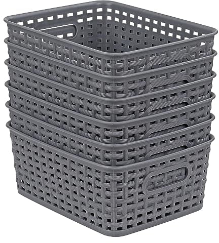 Taylor & Brown 6 Pack Plastic Grey Storage Baskets - Small Pantry Organization and Storage Bins - Household Organisers for Laundry Room, Bathroom, Bedroom, Kitchen, Cabinets, Countertops, Under Sink