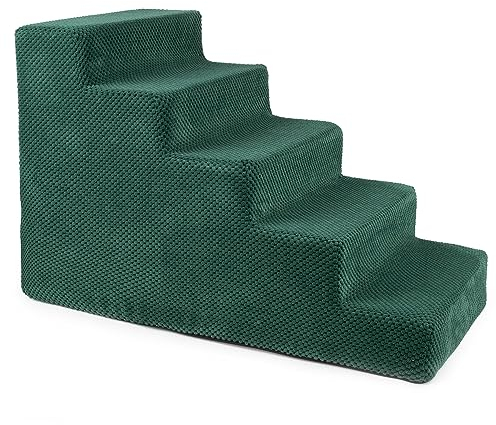 BOUTIQUE ZOO Hundetreppe 50 cm hoch | Katzentreppe Haustiertreppe | 5 Stufen | Hunde Katzen Haustier | für Bett und Auto | Trepp für kleine Hund | Plüschbezug | Farbe: Grün