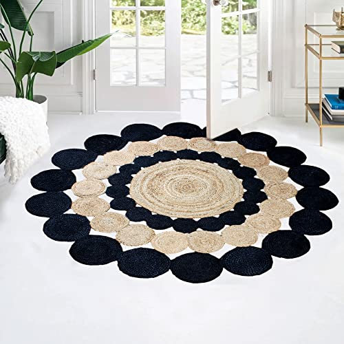 CASAVANI Collection Circle Area Rug – 3,5 m rund, schwarz, natürliche Jute-Matte, geometrischer Kelim-Teppich, für drinnen und draußen, flach, für Schlafzimmer, Nachttisch, rund, Esstisch, Matte, Flur