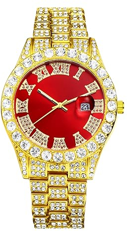 JewelryWe Uhren Herren Iced Out Diamant: Glitzer Strass Datum Kalender Analog Quarz Armbanduhr Männer Frauen Uhr mit Rot Römischen Ziffern Zifferblatt und Gold Metallarmband