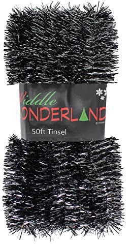 Widdle Gifts 50ft x 3cm Tinsel Extra Long 15 Metre Christmas Decoration, Crafting, Christmas Trees and party Decorations (Black and Silver)