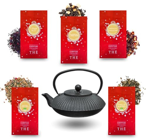 Théière en fonte + 5x20g de Thés et Infusions de Noël assortis | Cadeau Original pour Noël COMPTOIR FRANÇAIS DU THÉ