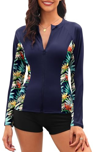 Tuopuda Womens Rash Vest Zip Up Wetsuit Tops Long Sleeve Swimsuit Tops Quick Dry Surf Tops UV UPF 50+ Swim Shirt Sun Protection Swimwear(Navy,XL)