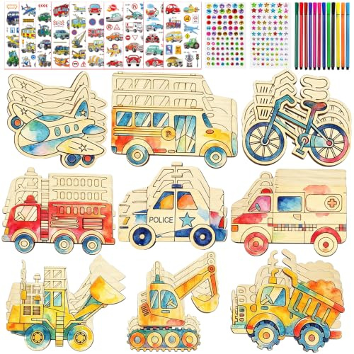 243Pcs Auto Bastelset, Holz Basteln Kinder, Basteln für Kindergeburtstag, Bastelsets für Kinder, mit 27 Holz 12 Farbstifte 202 Strasssteine 2 Aufkleber, DIY Holz Basteln für Jungen und Mädchen