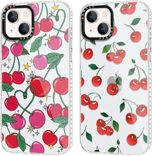 RUMDEY 2 Pack Cute Cherry for iPhone 15 Plus 6.7 Phone Case, Transparent TPU Aesthetic Design Clear Cases Soft Silicone Slim TPU Shockproof Protective Fundas for Women Girls(Red Cherry)