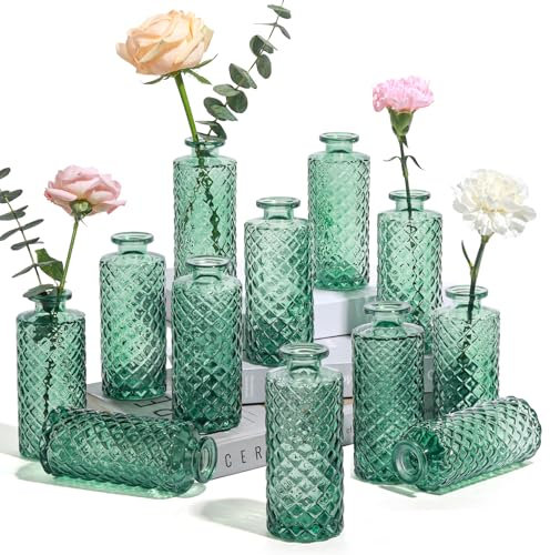 ComSaf Glass Bud Vases Set of 12, Small Diamond Bud Vases in Bulk, Mini Flowers Vases for Centerpieces, Vintage Decor Centerpiece for Table, Wedding Recepetion, Home, Gift (Green)