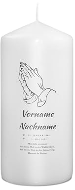 PhotoFancy® - Personalisierte Trauerkerze - Fotokerze mit eigenem Foto/Text bedrucken lassen - Kerze mit Design: Betende Hände - 15 cm Höhe
