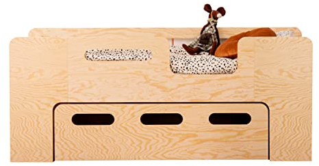 smartwood Kinderbett PIPI P 70x140 - Rechter Eingang - mit Lattenrost & Bettkasten - Holzbett mit Rusfallschutz für Jungen & Mädchen - Naturholz