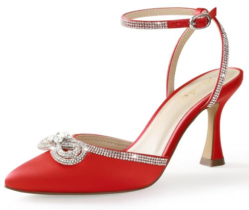 Ankis Women's Rhinestone Bow Heels Closed Toe Pumps Strappy Heels for Women, Red Stain, 9.5