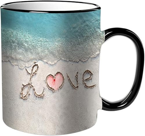 KDWJS Coffee Mug Funny Mug,Coloured Mug Cup Gift Birthday Work Office Christmas Printed Coffee Cup 11Oz Cups 330ml,White,Inscription Love in The Sand on a Tropical Island Maldives.