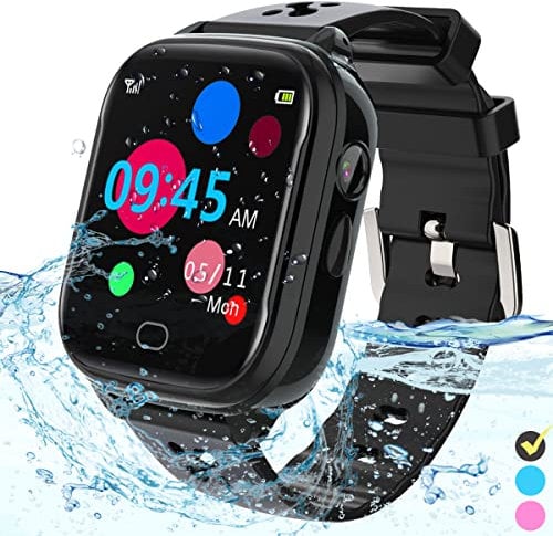 FRLONE Kinder-Smartwatch Telefon – IP67 Smartwatch Jungen Mädchen mit Touchscreen 5 Spiele Kamera Alarm SOS Anruf Digital Armbanduhr für 3-13 Jahre Kinder Geburtstagsgeschenk (Schwarz)