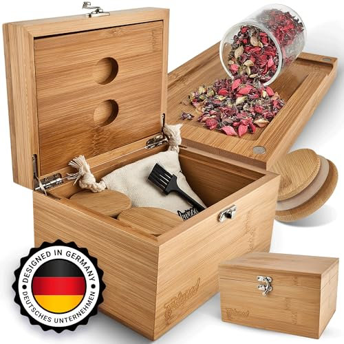 Tyskwood® Stash Box Bambus Holz mit magnetischem Rolltablett, Glasbehältern, Aufbewahrungsbeutel, Pinsel | Platz für Kräuter, Grinder, Filter etc. | Geschenkidee | Aufbewahrungsbox Set | 19x14x11 cm