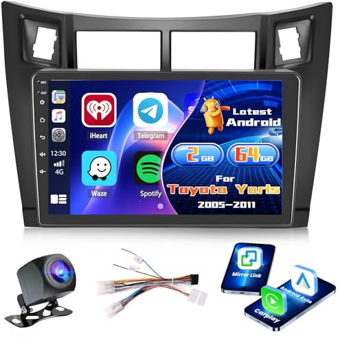 Inefala Radio para Toyota Yaris 2005-2011 Android 15 2+64G con Wireless Carplay y Android Auto, 9'' Pantalla Táctil Estéreo Radio con Bluetooth 26UI EQ GPS FM/RDS SWC AHD Cámara Inversa