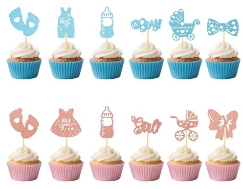 Boy or Girl Cupcake Toppers, 12Pcs Glitter Onesie Jumpsuit Cake Toppers Pink or Blue Cupcake Picks Gender Reveal Cake Decoration for Baby Shower Birthday Party Decorations Y7XBJSCP