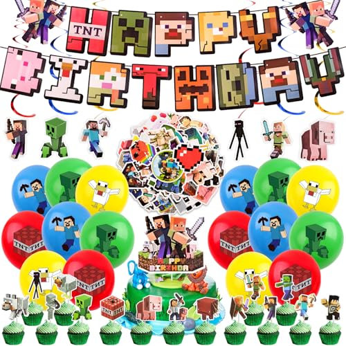 93PCS Happy Birthday Balloons Set, Pixel Style Birthday Decorations for Boys and GIrls, Gaming Party Decorations with Latex Balloons, Cupcake Toppers, Banner and Stickers