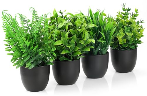 TXXATX 4 Stück Plastikpflanzen Unechte Pflanzen Deko Pflanzen Künstlich Kunstpflanzen Klein Topfpflanze Künstlich mit Topf Schwarz für Schlafzimmer Büro Haus Wohnzimmer Balkon Badezimmer