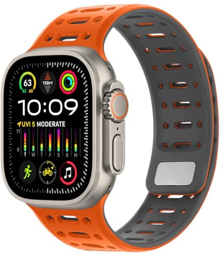Kompatibel mit Apple Watch Armband 49/46/45/44/42/41/40/38mm, Weiches Silikon Magnetisch Sport Armband für iWatch Ultra 3/2/1 Series 11 10 9 8 7 6 5 4 SE3/2/1 (49/46/45/44/42, Orange/Grau)