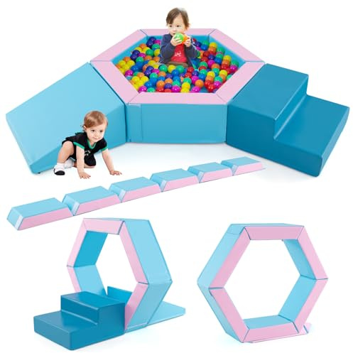 GYMAX Soft Play Equipment, 3 Pieces Kids Activity Set with Ball Pit, Baby Soft Foam Blocks Interactive Toy Foam Climbing Block Play Set for Toddlers (Blue+Pink)