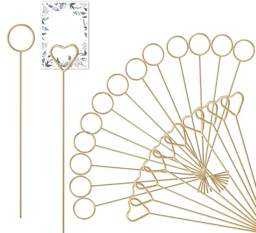 Prasacco 40 Stück Blumen Tischkartenhalter, 20 Herzform Kartenhalter und 20 Runder Kartenhalter 29,5 cm Metall Fotohalter Tischnummernhalter Memohalter für Hochzeiten, Bankette, Geschenke (Gold)