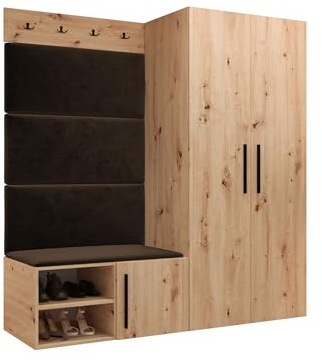 Mirjan24 Garderoben-Set Mapreni I, Schuhschrank + Kleiderhakenbrett + Kleiderschrank Gepolstertes Paneel/Wandpaneel Kleiderhaken Flurgarderobe Wandgarderobe (Artisan Eiche, Manila 04)