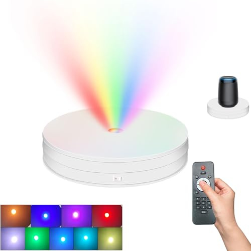 Andoer 25cm/ 10 Inch Motorized Rotating Display Stand with RGB Light 360° Rotating Electric Potography Turntable for Products Display Live Video Show 10kg Load Capacity Low Noise (White)
