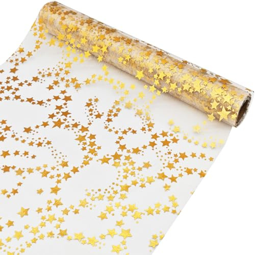 Organza Tischläufer Sterne,Tischläufer Weihnachten Gold für Tischdeko | Tischdecke Weihnachten - 28cm x 5m, Weihnachts Tischdeko Tischband Transparentes für Adventszeit Geburtstag Hochzeit Party