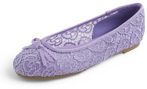 Feversole Round Toe Lace Ballet Flats Women's Comfy Breathable Dolly Shoes Lilac UK5