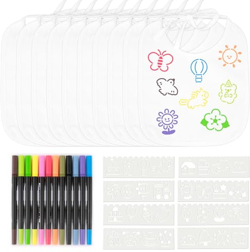 Koxtyzo 10 Stück Baby Lätzchen zum Bemalen, 20 x 18cm Baby Lätzchen aus Baumwolle Doppelseitig mit 12pcs Farbigem Textilstift 8pcs Malen Schablonen für Babyshower Party